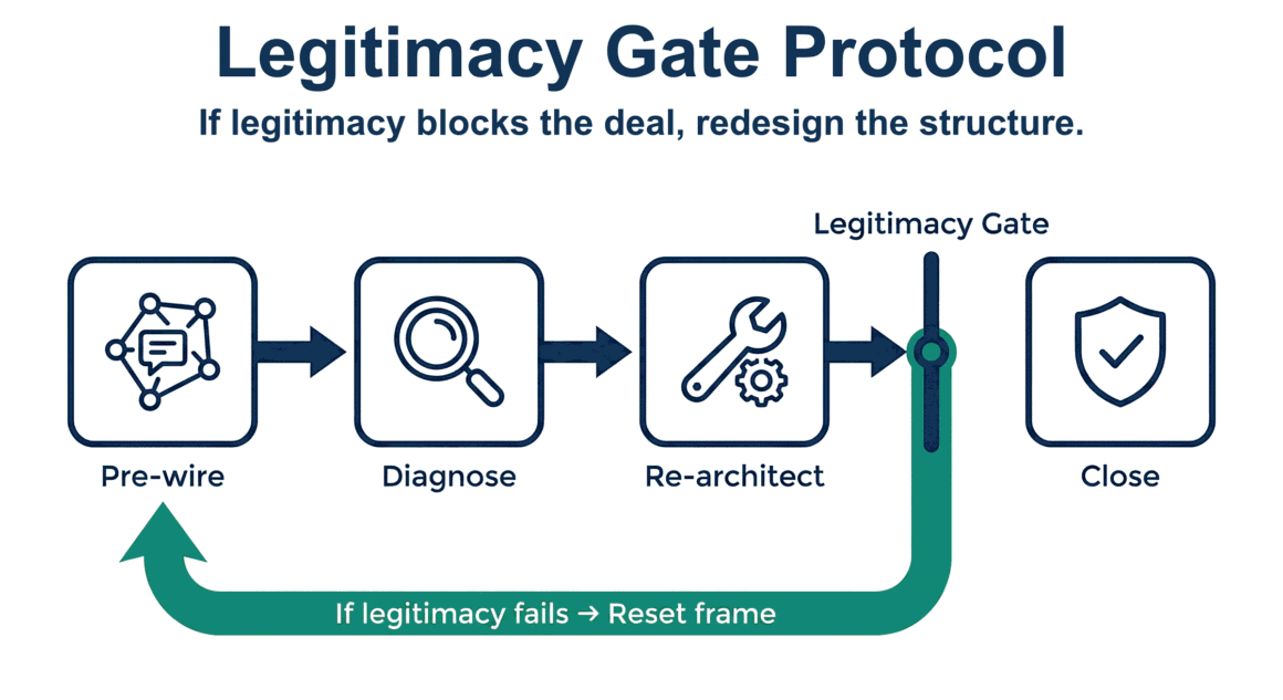 Flowchart — “Legitimacy Gate Protocol (Pre-wire → Diagnose → Re-architect → Close)”
