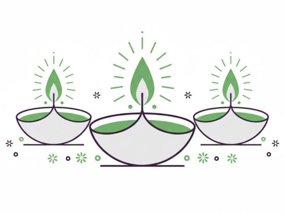 A minimalist illustration of three green Diwali oil lamps, symbolizing cultural awareness and relationship-building in Indian negotiation.