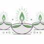 A minimalist illustration of three green Diwali oil lamps, symbolizing cultural awareness and relationship-building in Indian negotiation.
