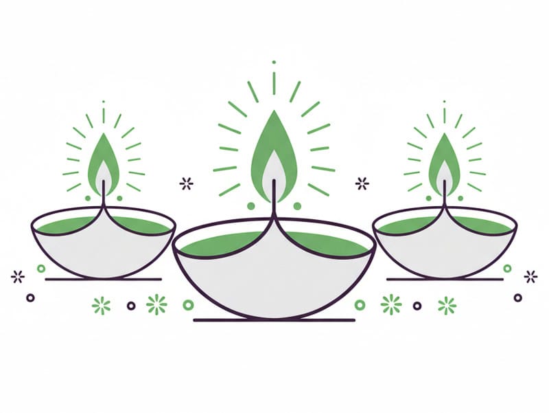 A minimalist illustration of three green Diwali oil lamps, symbolizing cultural awareness and relationship-building in Indian negotiation.