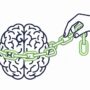 A minimalist line illustration of a brain tightly wrapped in green chains, with a hand holding the loose end, symbolizing the anchoring effect and cognitive bias in negotiation.