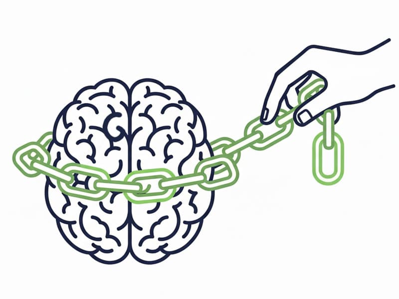 A minimalist line illustration of a brain tightly wrapped in green chains, with a hand holding the loose end, symbolizing the anchoring effect and cognitive bias in negotiation.