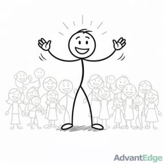 Stick figure ENFJ Inspiring Mentor speaking passionately and motivating a diverse group of people.