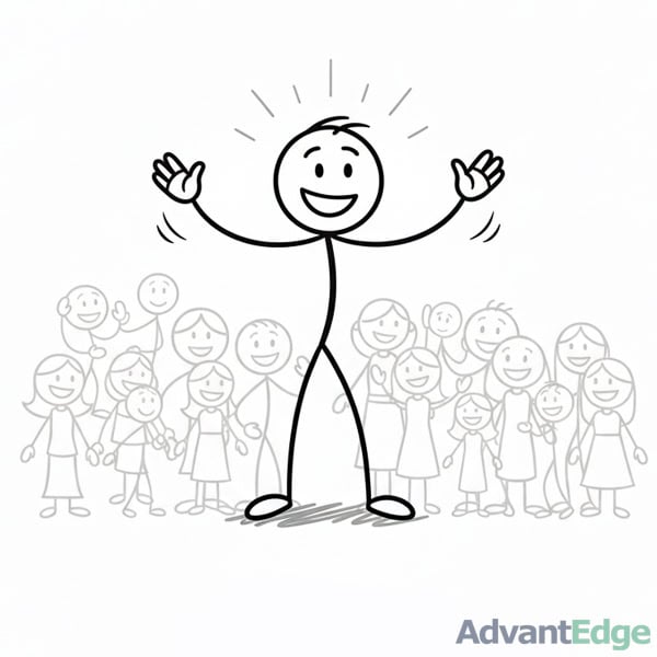 Stick figure ENFJ Inspiring Mentor speaking passionately and motivating a diverse group of people.