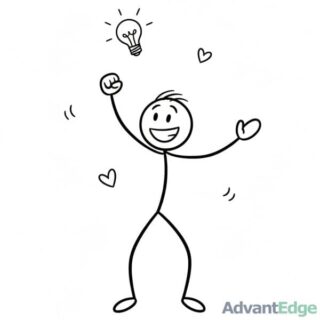 Stick figure ENFP Spirited Campaigner excitedly presenting a new creative idea with a lightbulb and hearts.