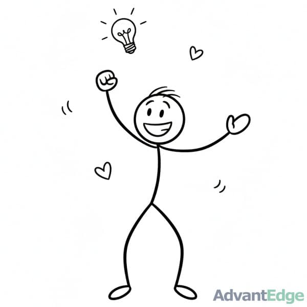 Stick figure ENFP Spirited Campaigner excitedly presenting a new creative idea with a lightbulb and hearts.