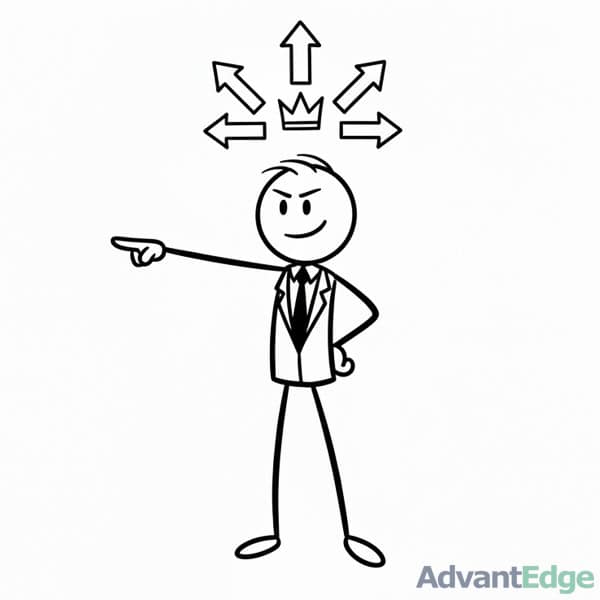 Stick figure representing an ENTJ Commanding Leader making a decisive choice with crown and directional arrows.