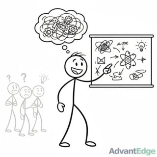 Stick figure ENTP Debating Innovator presenting complex, abstract ideas to confused audience.