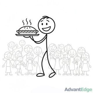 Smiling stick figure ESFJ Social Caregiver warmly serving a pie to a grateful, smiling community.