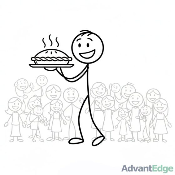 Smiling stick figure ESFJ Social Caregiver warmly serving a pie to a grateful, smiling community.