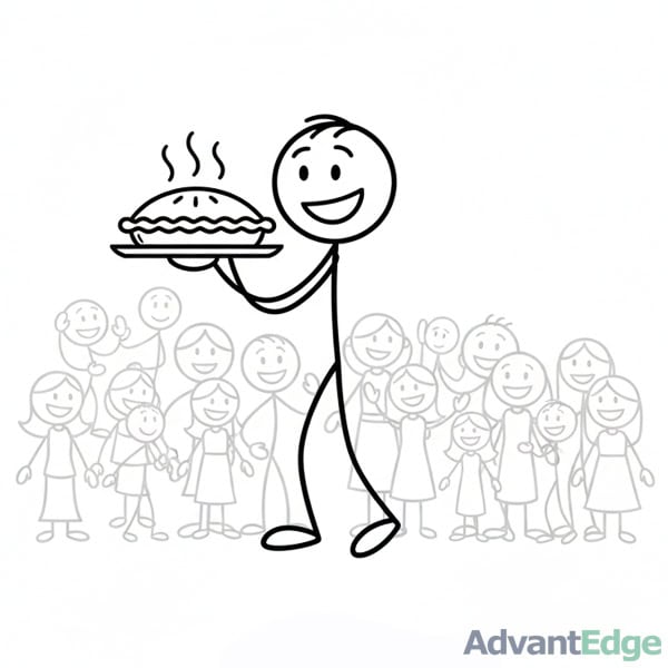 Smiling stick figure ESFJ Social Caregiver warmly serving a pie to a grateful, smiling community.