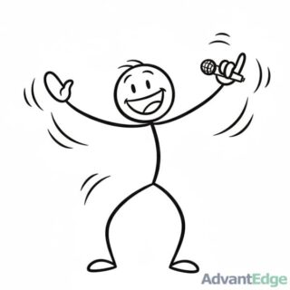 Smiling stick figure ESFP Lively Entertainer enthusiastically performing with a microphone, radiating joy and energy.