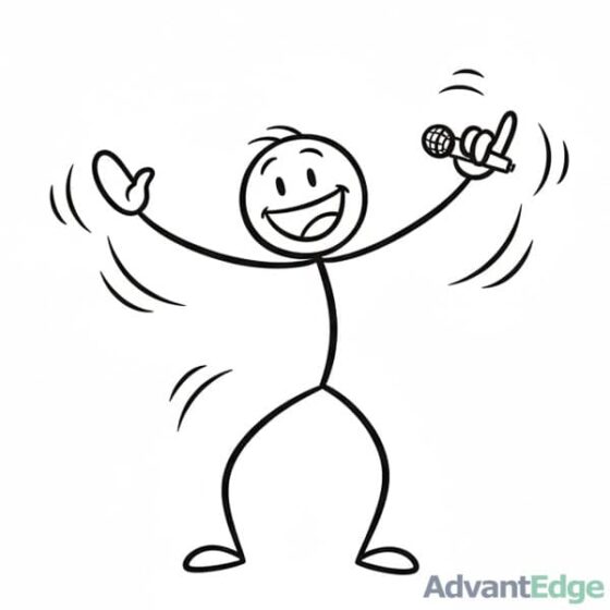Smiling stick figure ESFP Lively Entertainer enthusiastically performing with a microphone, radiating joy and energy.
