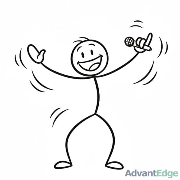 Smiling stick figure ESFP Lively Entertainer enthusiastically performing with a microphone, radiating joy and energy.
