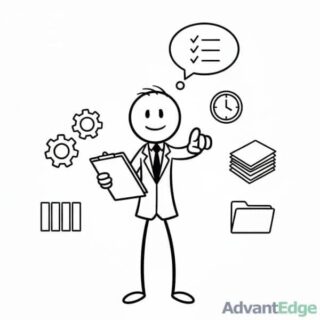 Stick figure ESTJ Efficient Executive, smiling and confidently managing tasks with gears, documents, and a checklist.