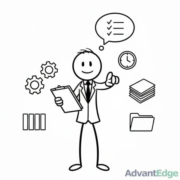 Stick figure ESTJ Efficient Executive, smiling and confidently managing tasks with gears, documents, and a checklist.