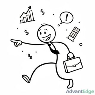 Smiling stick figure ESTP Energetic Entrepreneur in action, pointing towards growth, with business symbols and a briefcase.