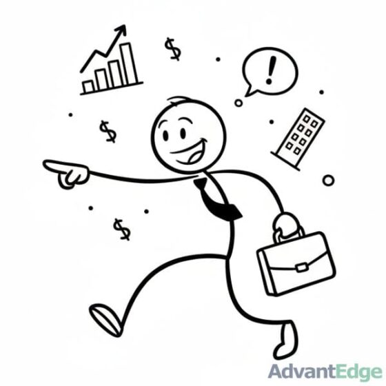 Smiling stick figure ESTP Energetic Entrepreneur in action, pointing towards growth, with business symbols and a briefcase.
