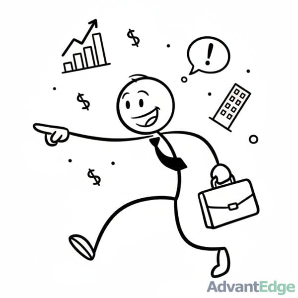 Smiling stick figure ESTP Energetic Entrepreneur in action, pointing towards growth, with business symbols and a briefcase.