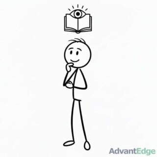 Smiling stick figure INFJ Insightful Advocate in deep thought with a book and an eye, representing positive wisdom and thoughtful foresight.