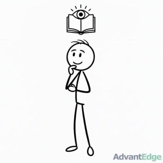 Smiling stick figure INFJ Insightful Advocate in deep thought with a book and an eye, representing positive wisdom and thoughtful foresight.