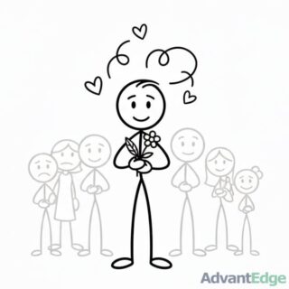 Stick figure INFP Compassionate Mediator showing empathy and kindness to a surrounding group.