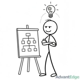 Smiling stick figure INTJ Strategic Architect confidently presenting a complex organizational chart with an idea lightbulb above.