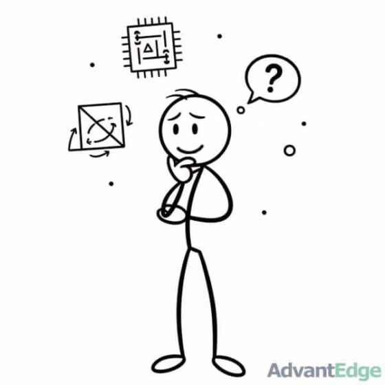 Smiling stick figure INTP Logical Thinker in deep contemplation, analyzing complex abstract concepts and seeking answers.