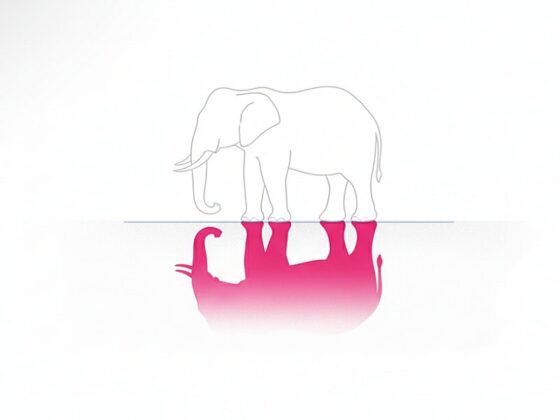 A minimalist illustration of a lightly outlined, nearly invisible elephant casting a prominent, bright pink shadow, representing the psychological paradox of thought suppression.