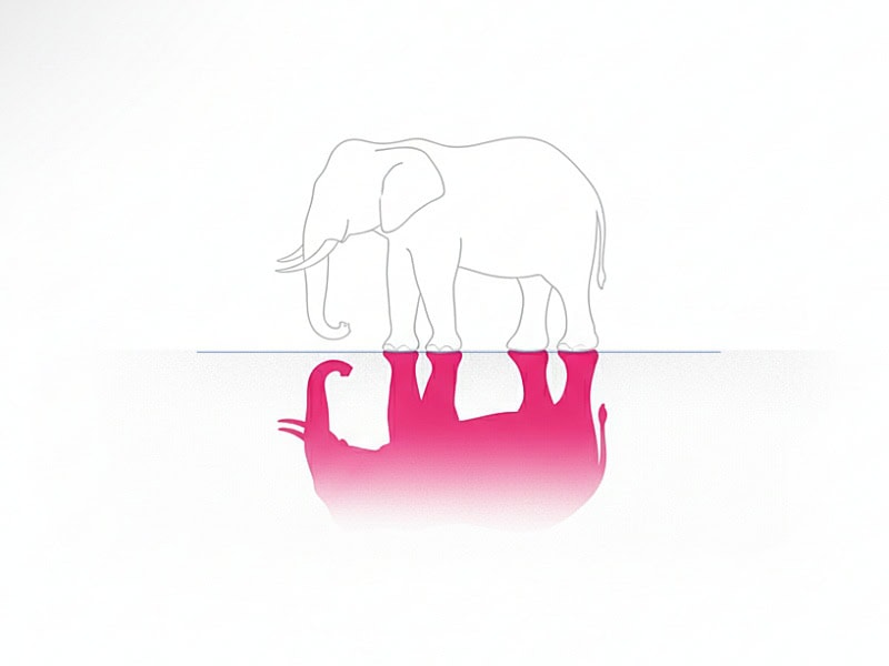 A minimalist illustration of a lightly outlined, nearly invisible elephant casting a prominent, bright pink shadow, representing the psychological paradox of thought suppression.