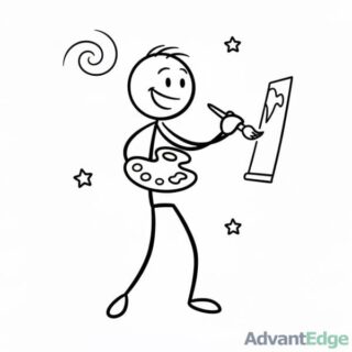 Smiling stick figure ISFP Artistic Adventurer painting on an easel with a palette, symbolizing creative self-expression.