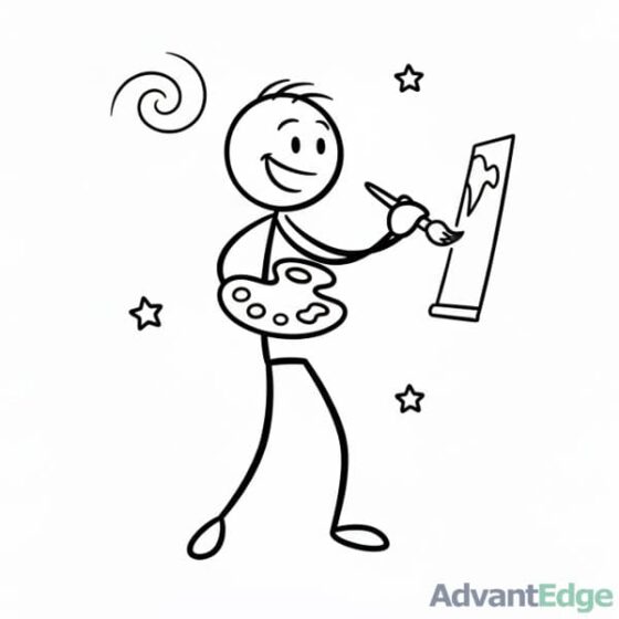 Smiling stick figure ISFP Artistic Adventurer painting on an easel with a palette, symbolizing creative self-expression.