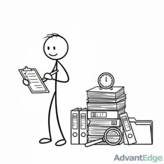 Smiling stick figure ISTJ Pragmatic Inspector diligently checking a checklist with organized documents.