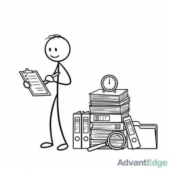 Smiling stick figure ISTJ Pragmatic Inspector diligently checking a checklist with organized documents.