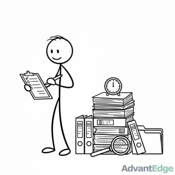 Smiling stick figure ISTJ Pragmatic Inspector diligently checking a checklist with organized documents.