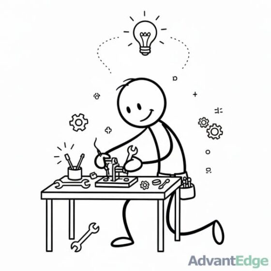 Smiling stick figure ISTP Resourceful Craftsperson expertly repairing a device on a workbench with tools and an idea lightbulb.