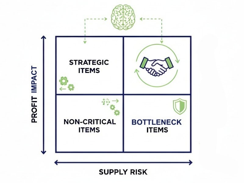 Kraljic Matrix diagram showing strategic, bottleneck, leverage and non-critical items, mapped by profit impact and supply risk.